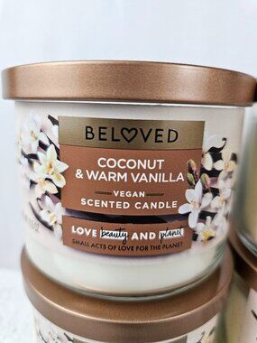 Beloved Coconut & Warm Vanilla scented candle is a 11.5oz vegan soy wax